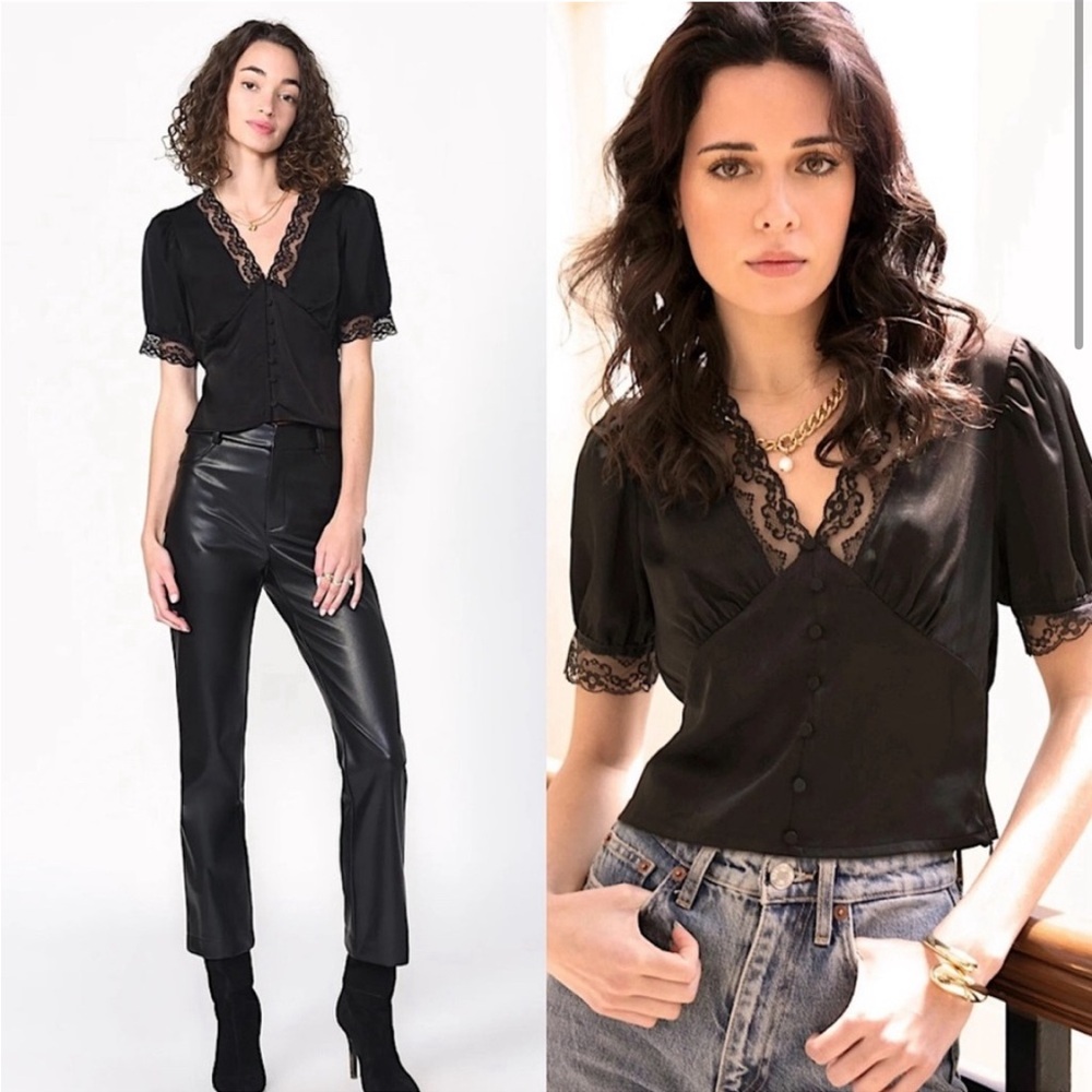 GREYLIN Claudia Sateen Black Lace Blouse, Size XS